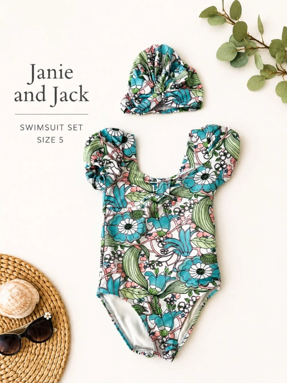 Janie and Jack Floral One-Piece Swimsuit + Matching Swim Hat